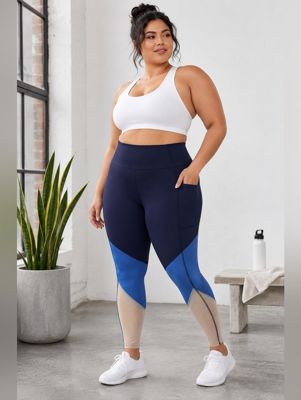 Fabletics 1X High Waisted Colorblock Mesh Leggings Navy Blue Activewear